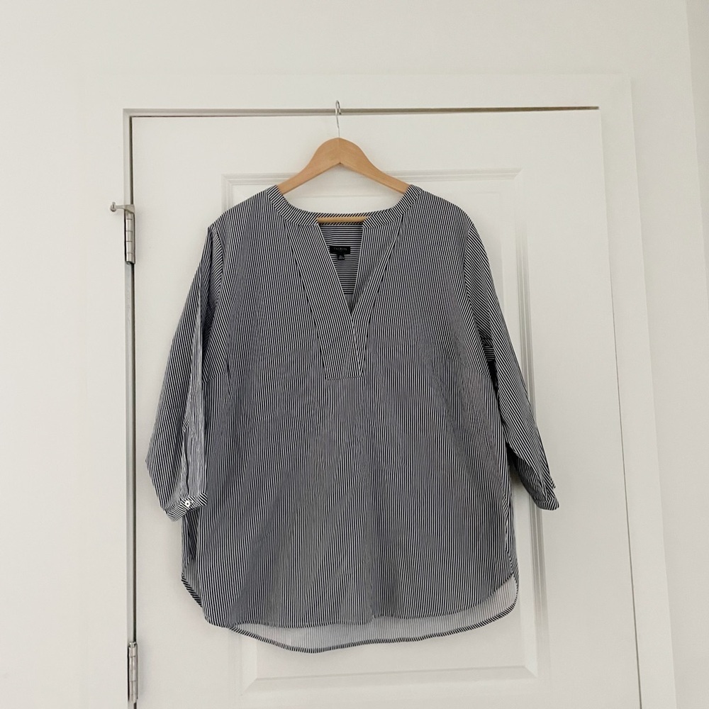 Talbots Navy and White Striped V-Neck Tunic Blouse